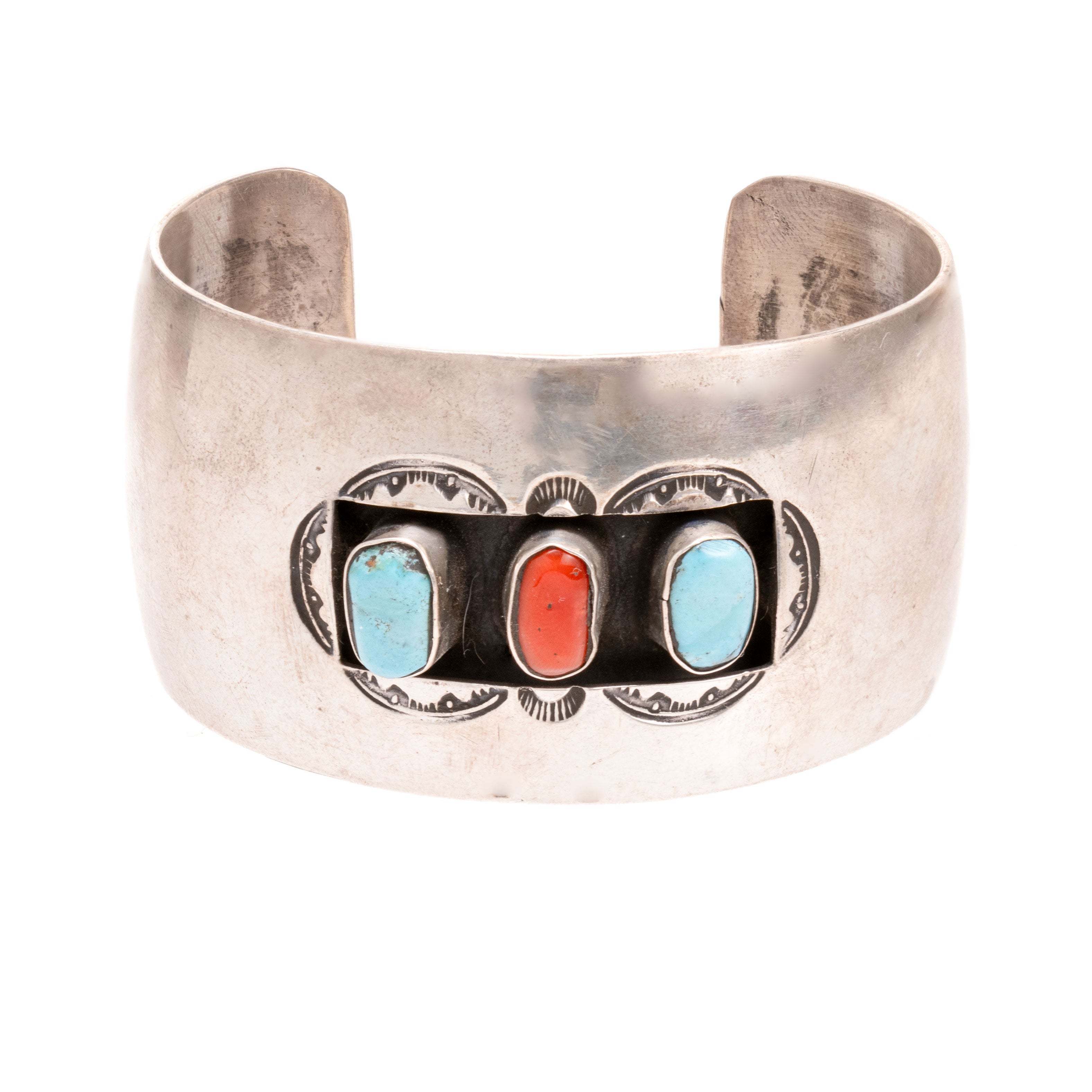 Turquoise and Coral Silver Bracelet, Jewelry, Bracelet, Native