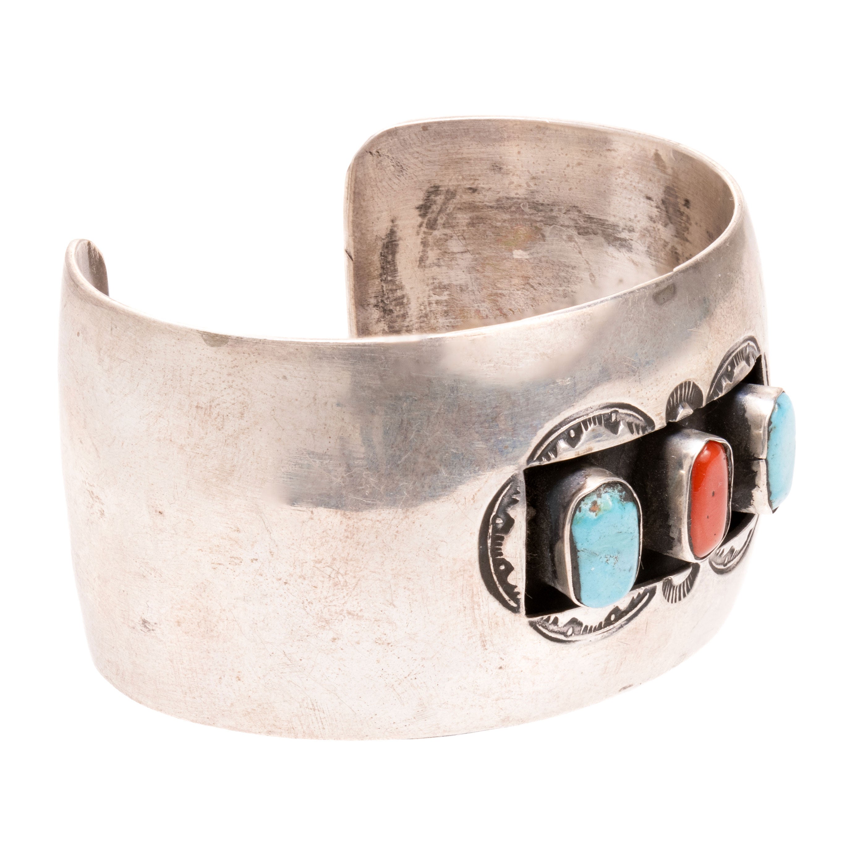 Turquoise and Coral Silver Bracelet