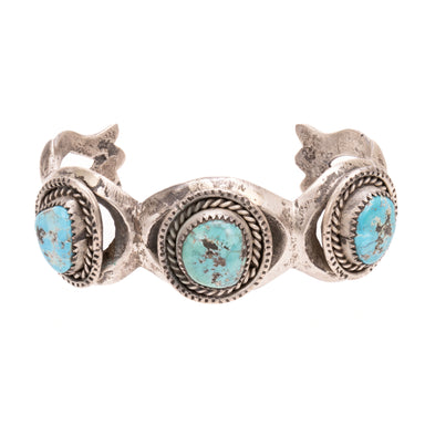 Navajo Turquoise and Sand Cast Silver Bracelet, Jewelry, Bracelet, Native