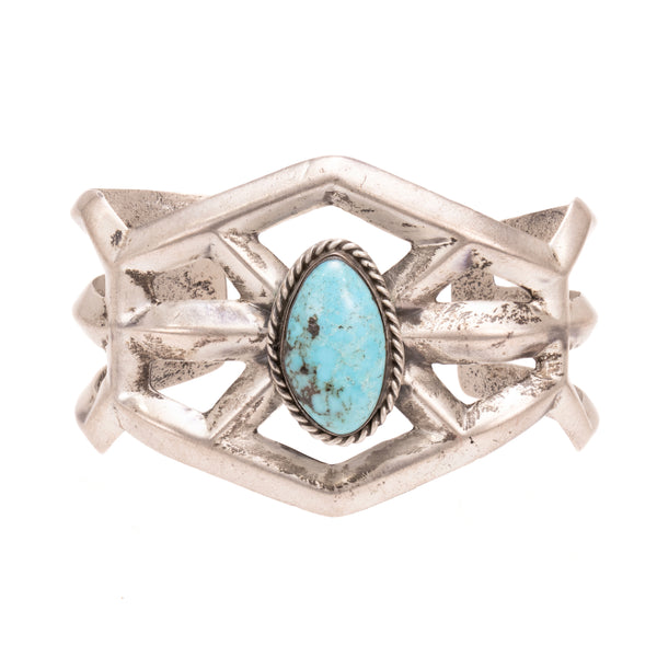 Navajo Turquoise and Sand Cast Silver Bracelet, Jewelry, Bracelet, Native