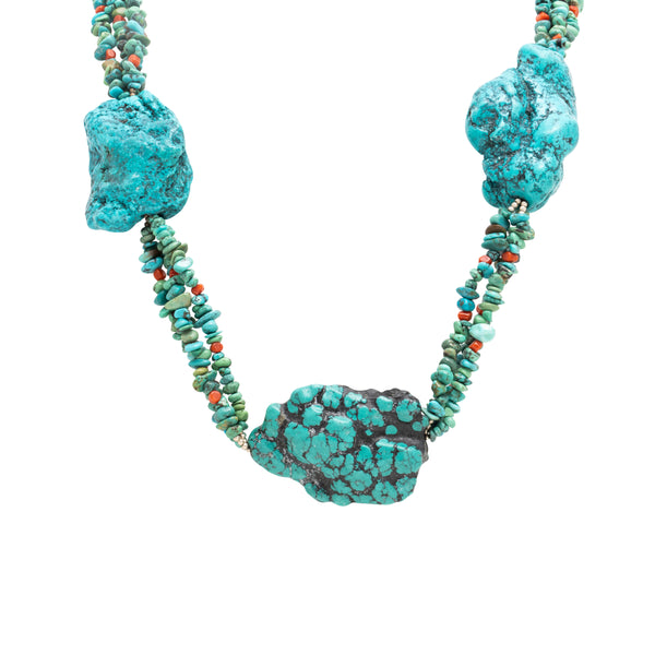 Turquoise and Coral Beaded Necklace, Jewelry, Necklace, Native