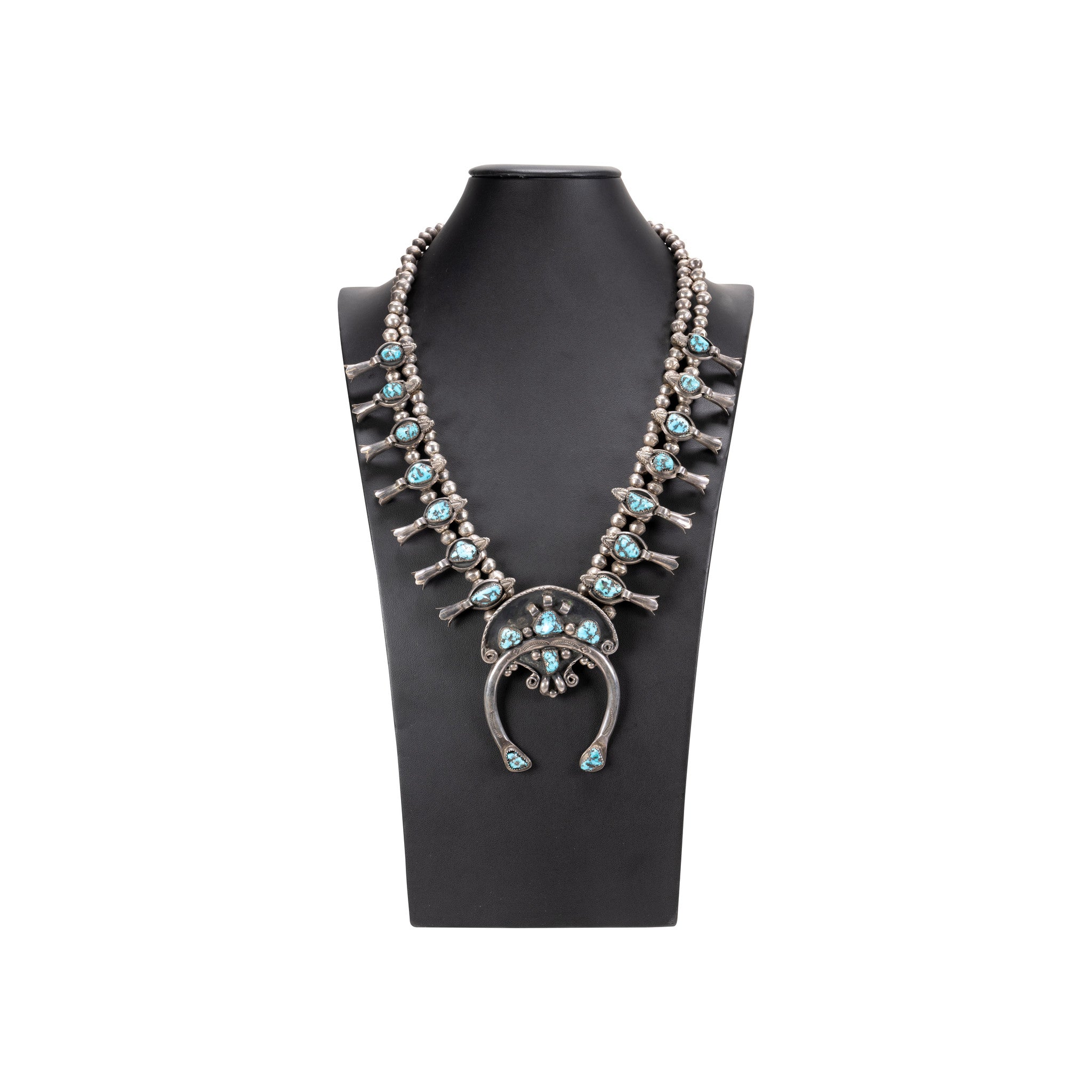 Navajo Kingman Squash Blossom Necklace