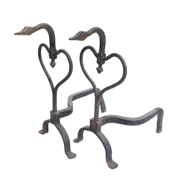 Goose Neck Rod Iron Andirons, Furnishings, Fireplace, Andiron