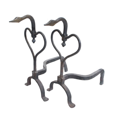 Goose Neck Rod Iron Andirons, Furnishings, Fireplace, Andiron