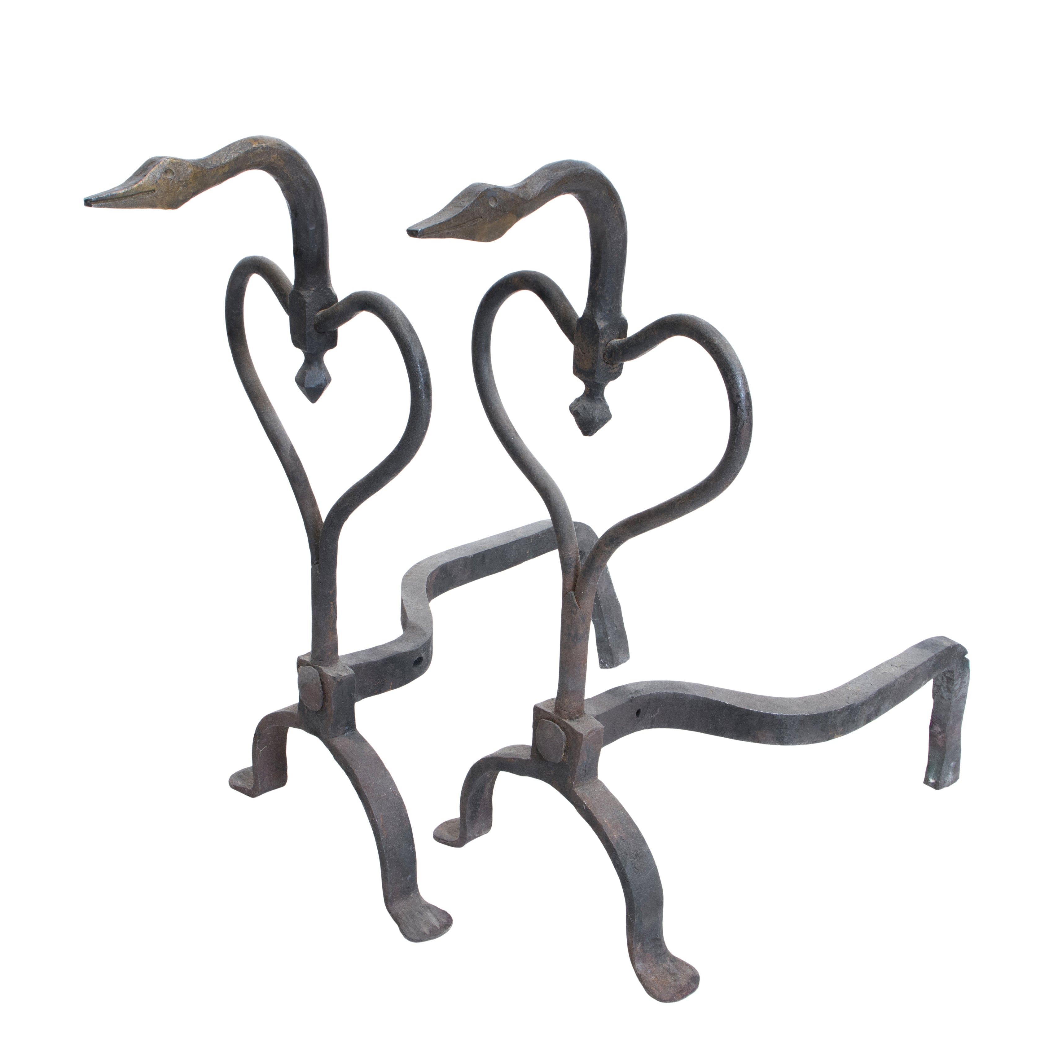 Goose Neck Rod Iron Andirons, Furnishings, Fireplace, Andiron