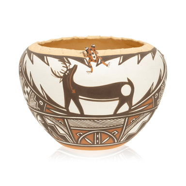 Zuni bowl with Deer and Frogs, Native, Pottery, Historic