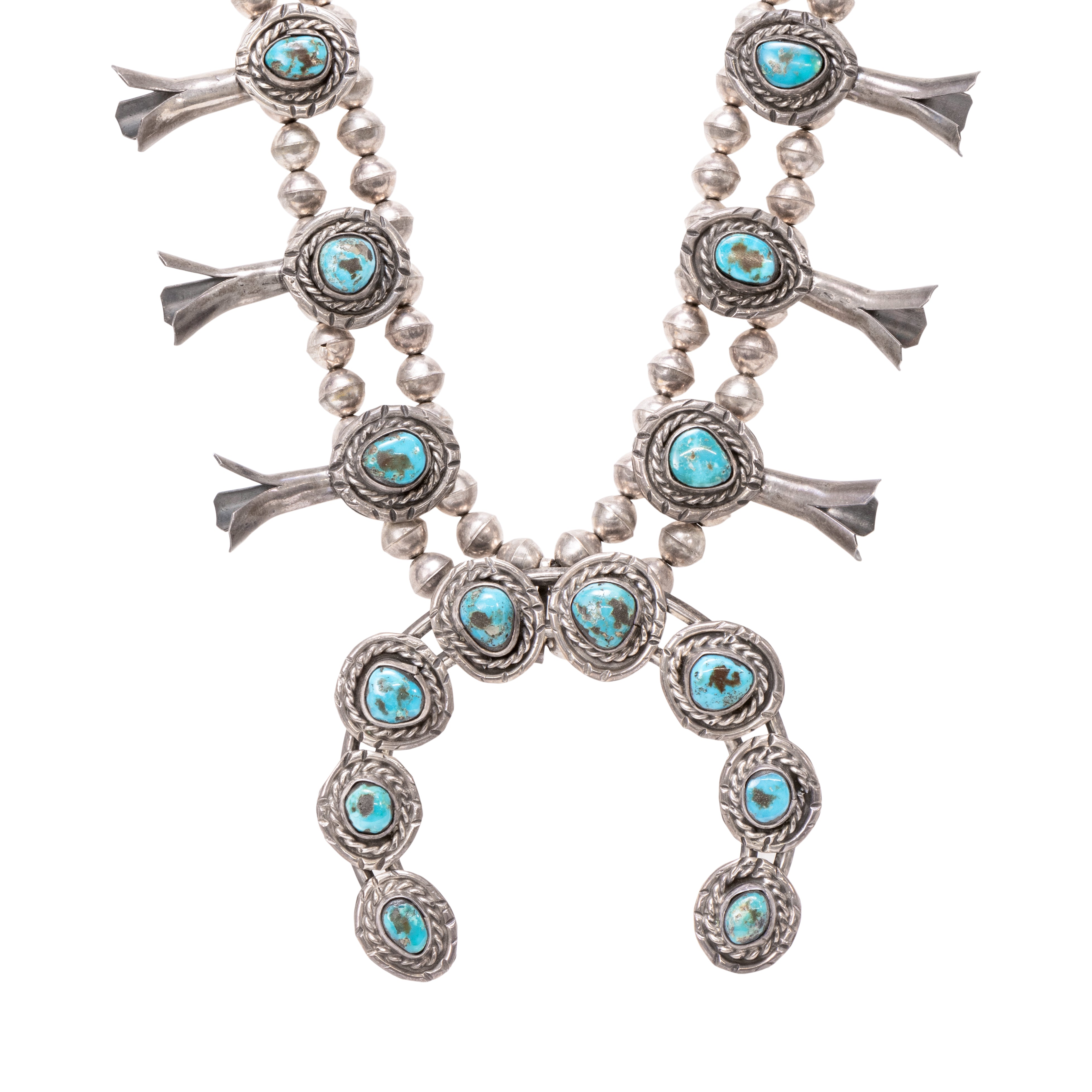 Navajo Kingman Squash Blossom Necklace