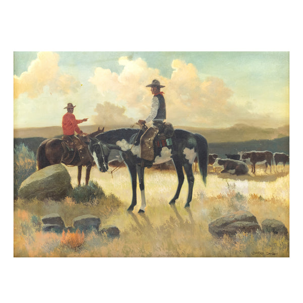 Cowboys with Cattle at Sunset by Charles Damrow, Fine Art, Painting, Western