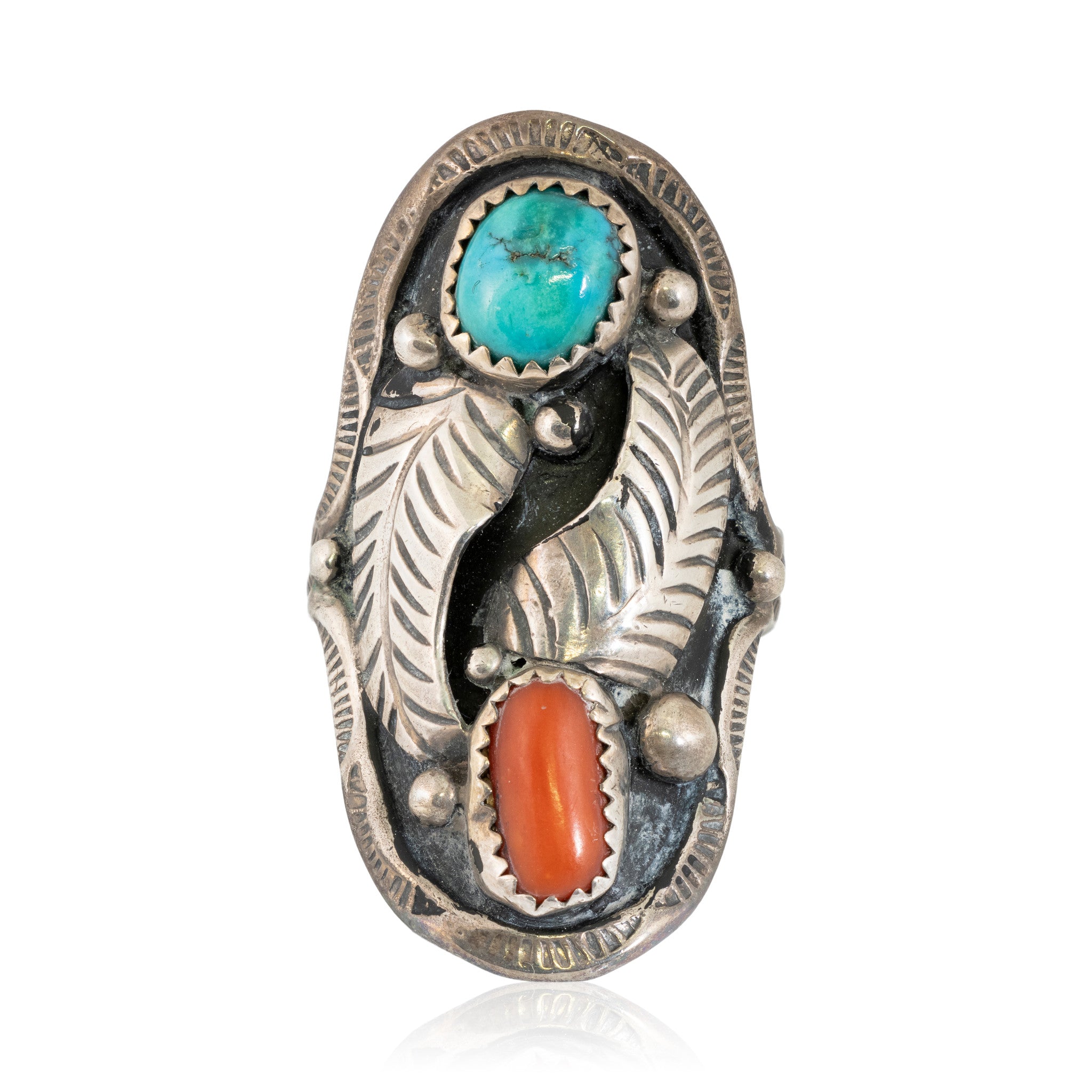 Navajo Turquoise and Coral Ring, Jewelry, Ring, Native