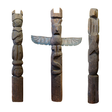 Set of Three Coastal Salish Totems, Native, Carving, Totem Pole