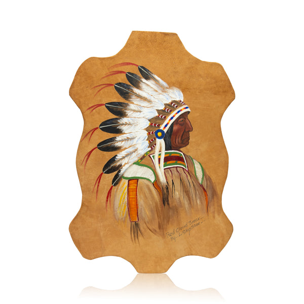 Hide Painting of Chief Red Cloud by Louis Shipshee, Native, Art, Painted Hide