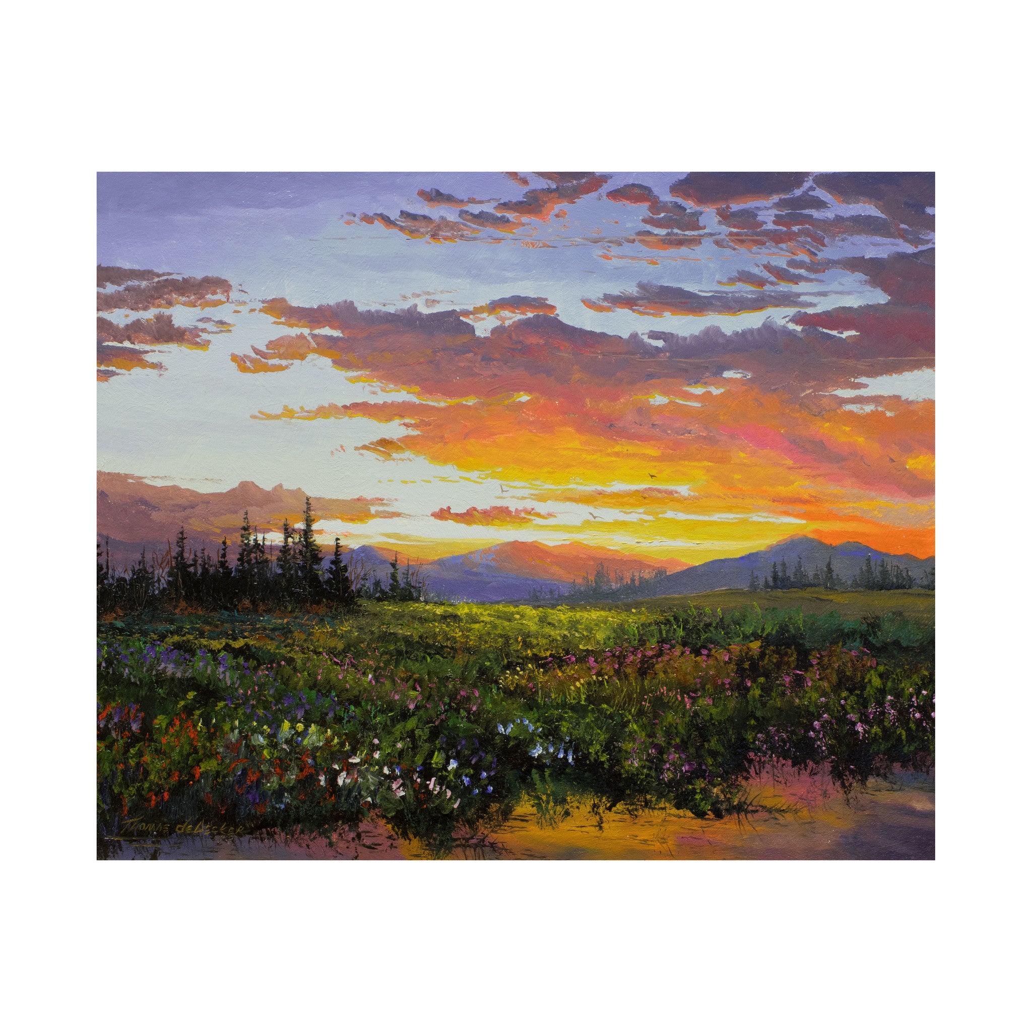 Sunset and Flowers - Summer by Thomas deDecker, Fine Art, Painting, Landscape