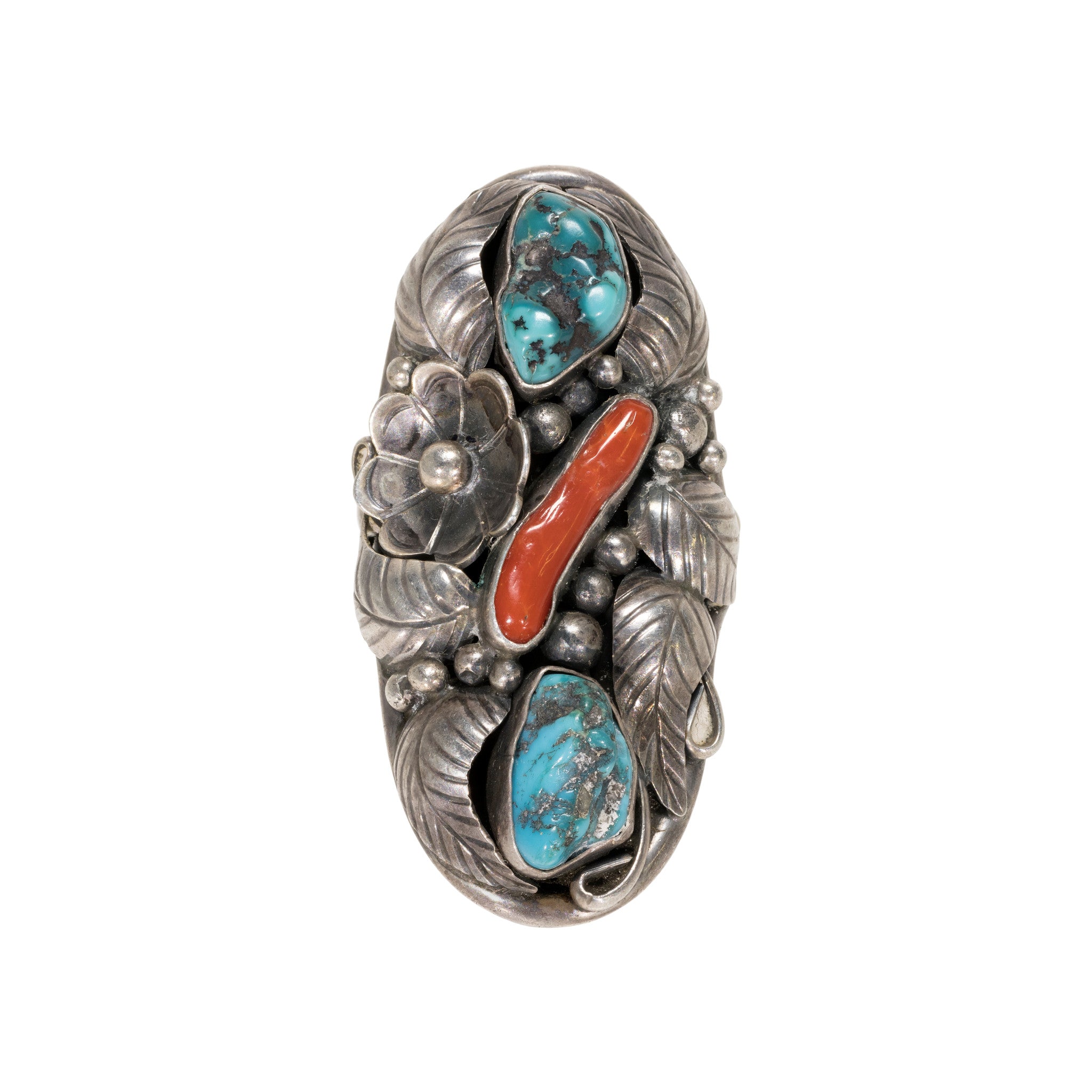Navajo Kingman Turquoise and Coral Ring