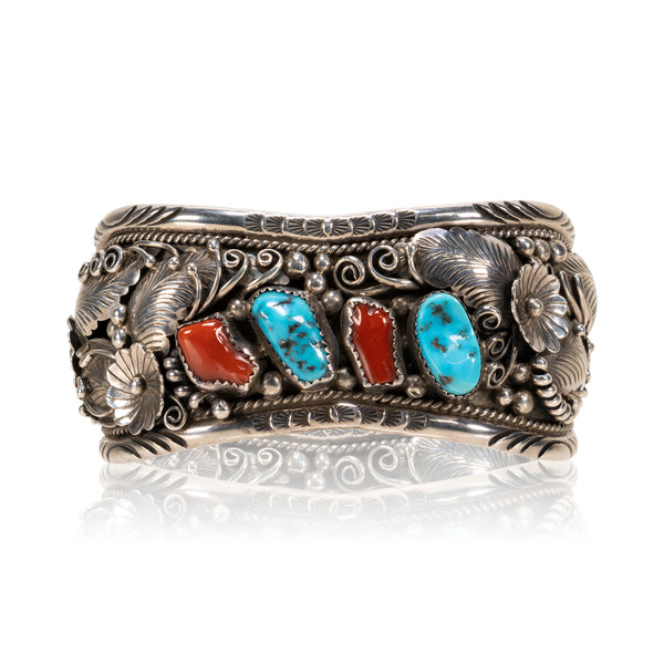Navajo Turquoise and Coral Bracelet, Jewelry, Bracelet, Native