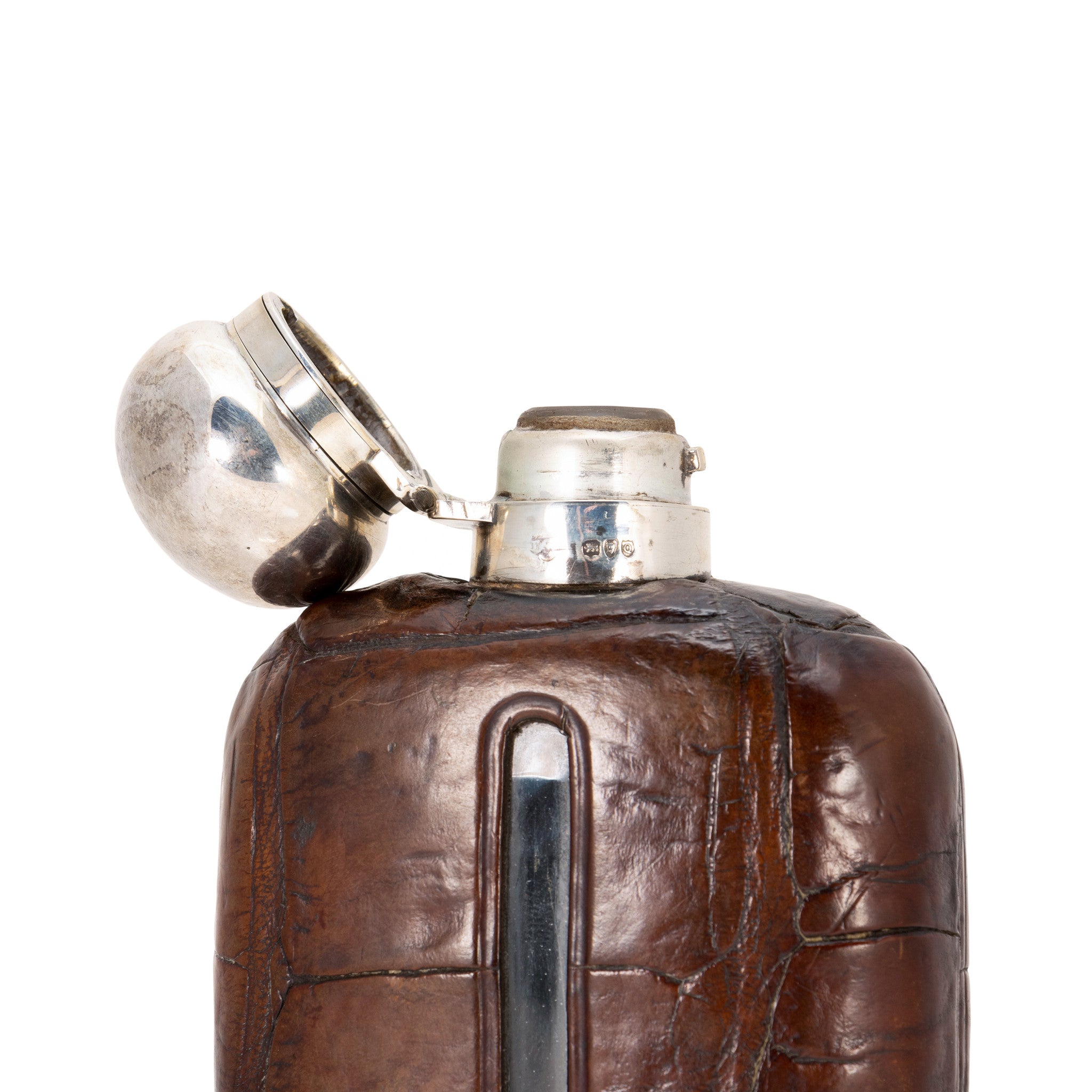Victorian Leather, Sterling and Crystal Flask