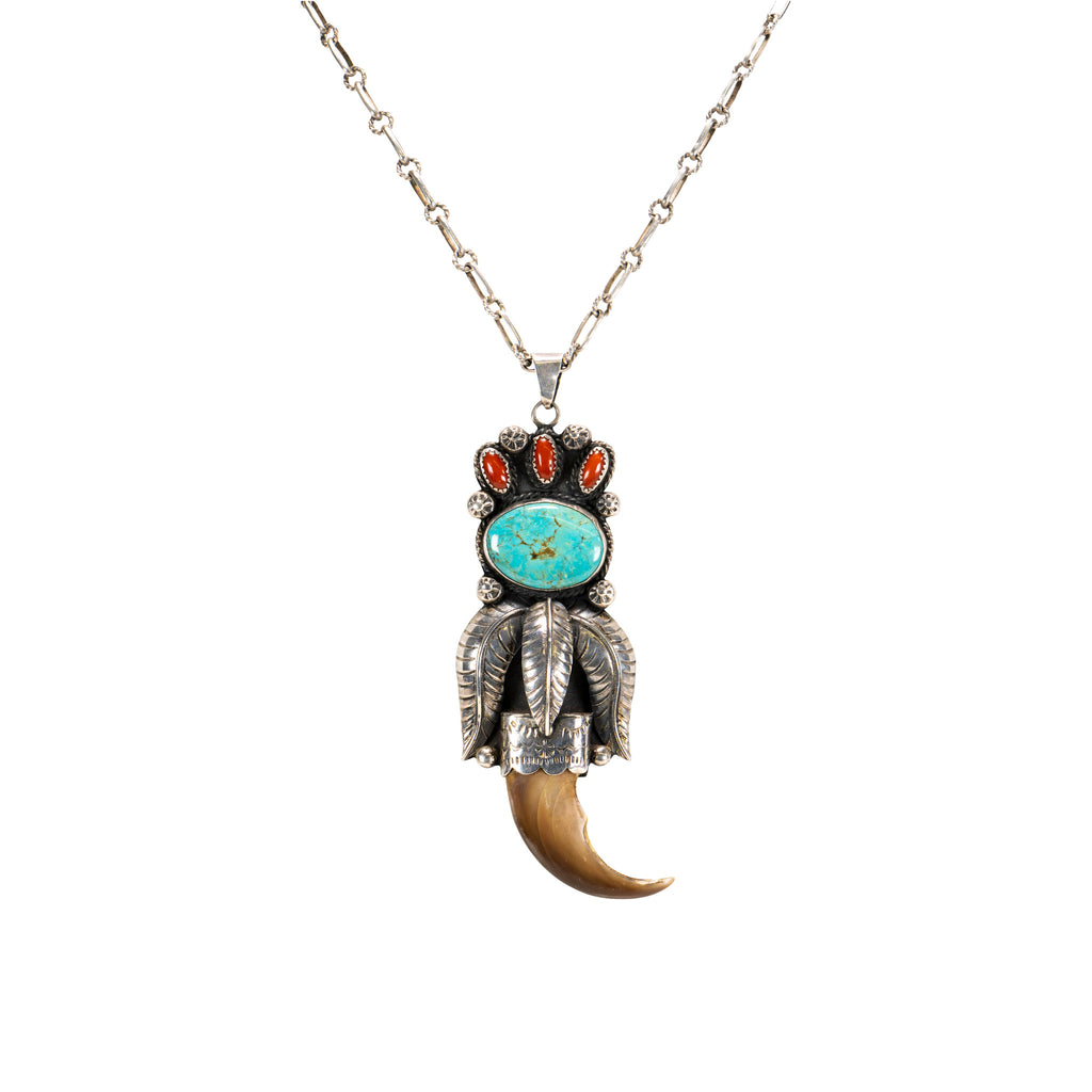 Robert Becenti Navajo Sterling Turquoise and Coral Bear Necklace | Bijou  Stone Co.