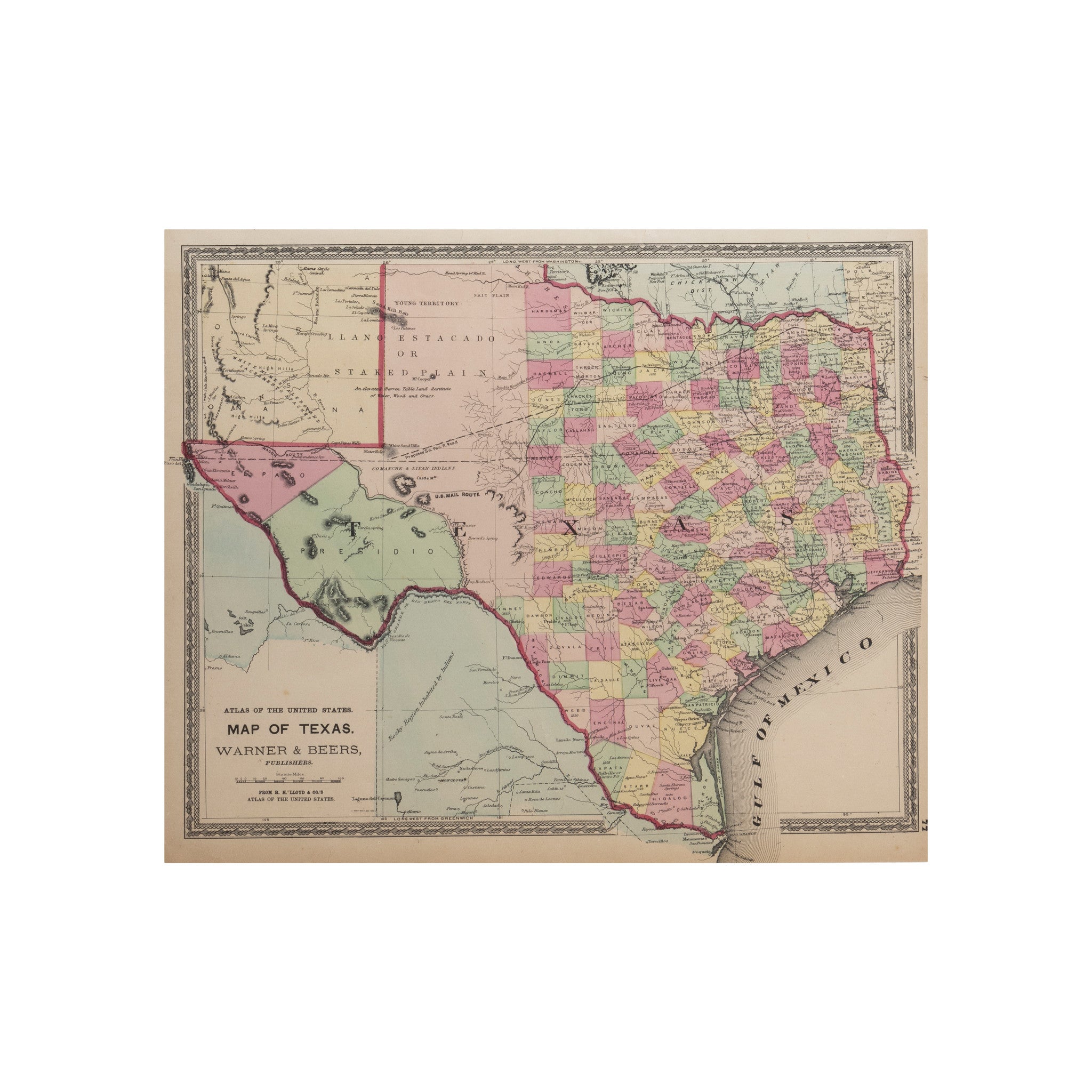 Map of Texas; Warner & Beers 1870