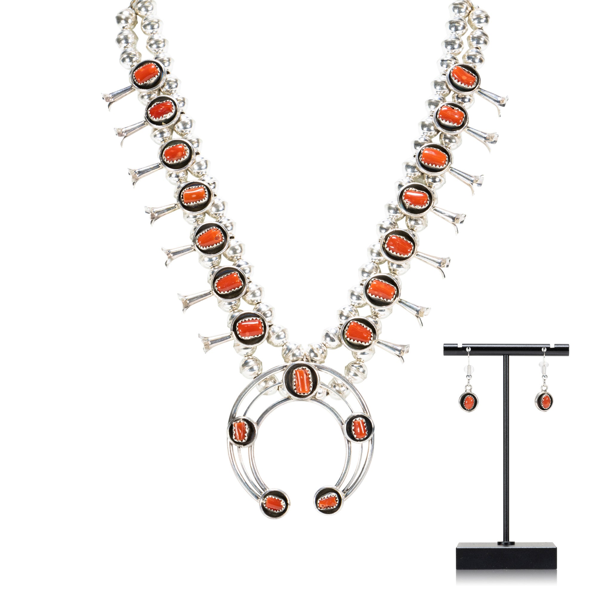 Navajo Coral Squash Blossom Set, Jewelry, Set, Native