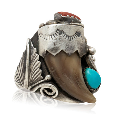 Navajo Turquoise and Coral Bear Claw Ring, Jewelry, Ring, Native