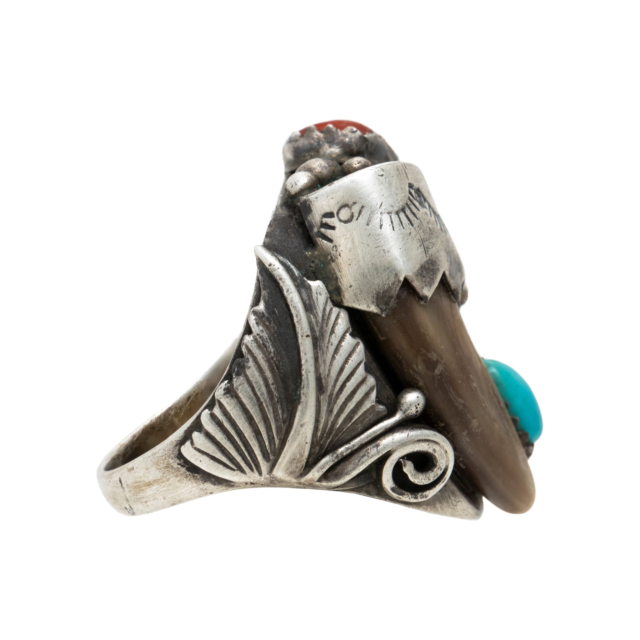 Navajo Turquoise and Coral Bear Claw Ring