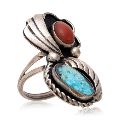 Turquoise and Coral Sterling Ring, Jewelry, Ring, Native