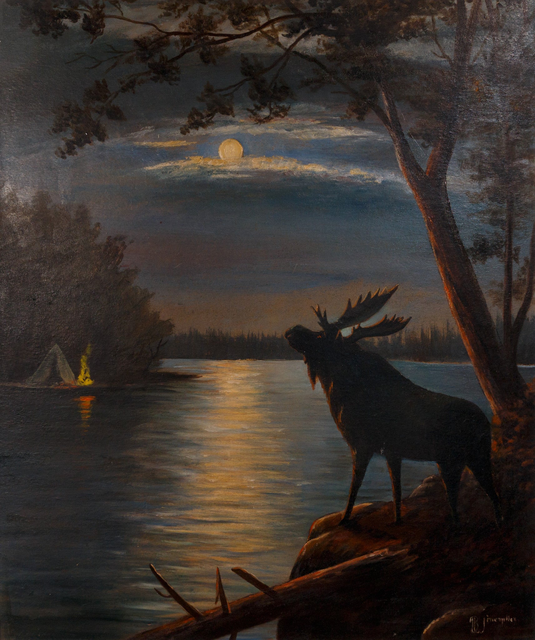 "Moonlight Moose" by B. Winemiller, Fine Art, Painting, Wildlife