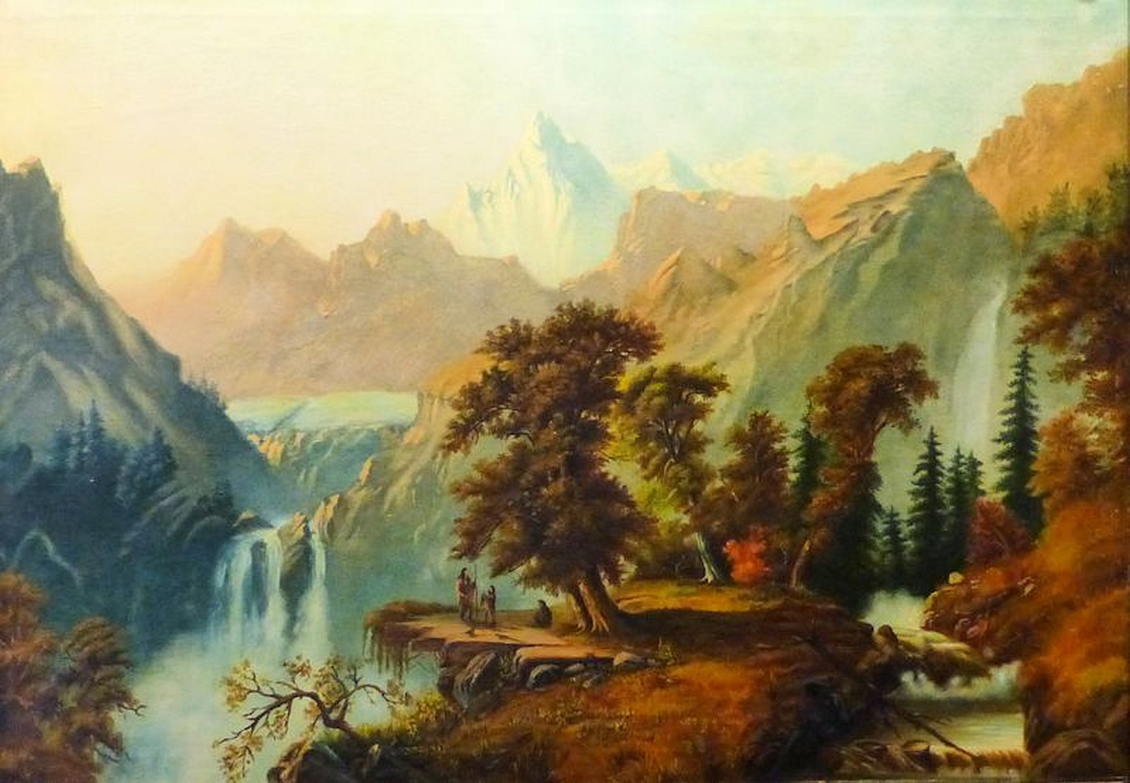 Rocky Mountains with Indians on Plateau, Fine Art, Painting, Native American