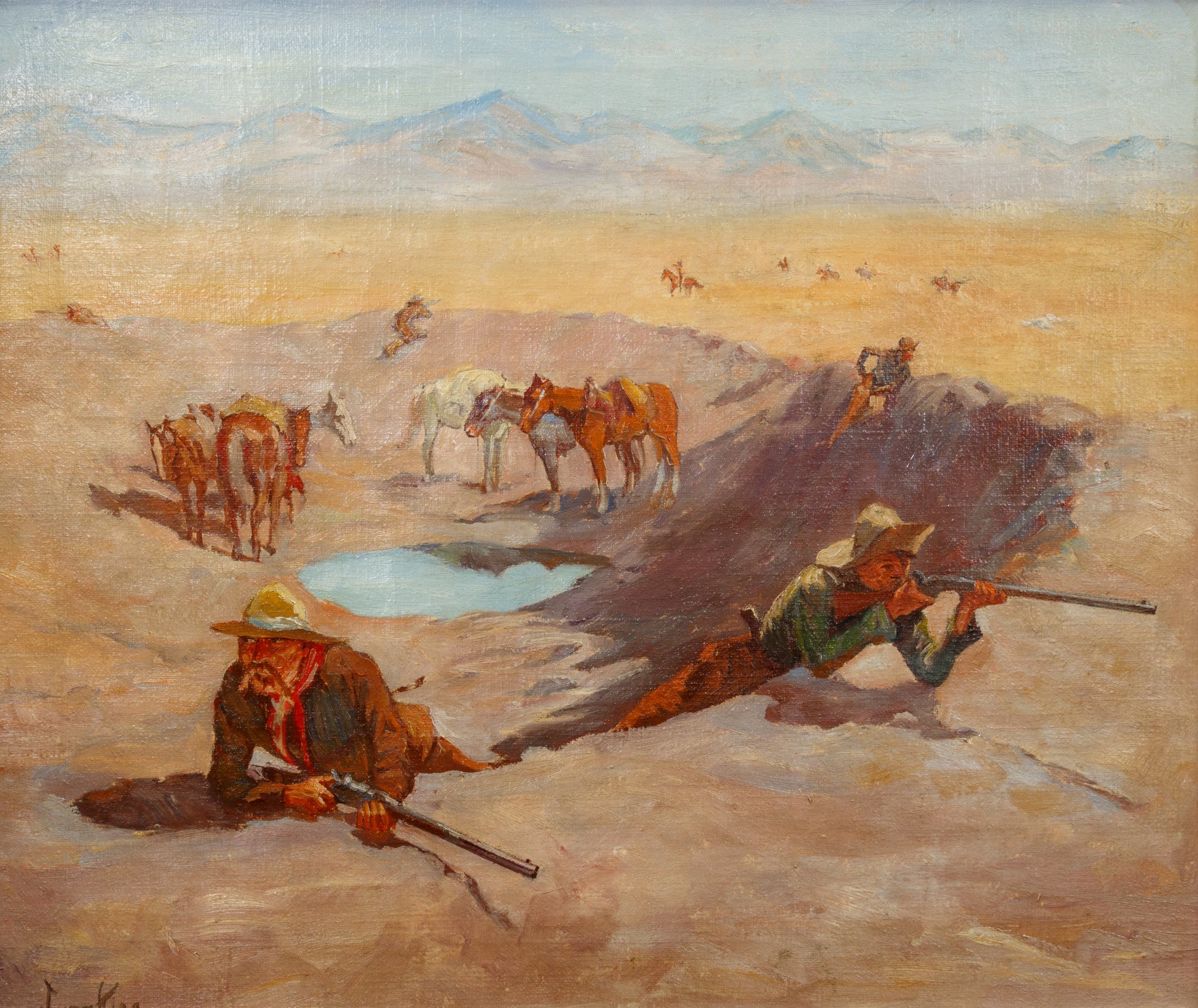 "The Fight at the Waterhole" by June King, Fine Art, Painting, Western