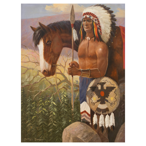 Indian Chief with Horse by Charles Damrow, Fine Art, Painting, Native American