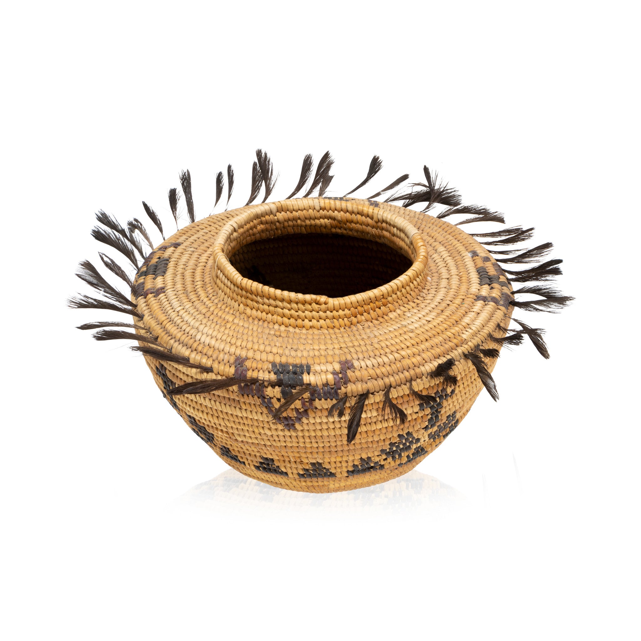 Feathered Polychrome Yokut Basket, Native, Basketry, Vertical