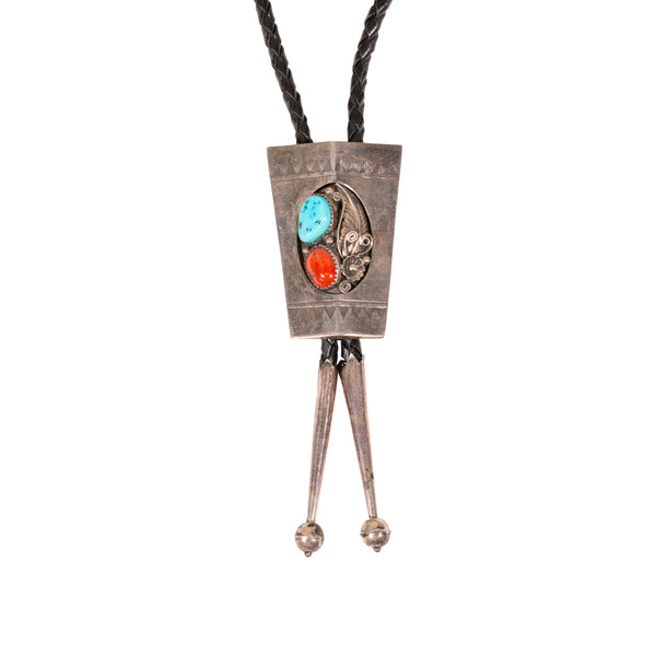 Navajo Coral and Turquoise Bolo, Jewelry, Bolo Necktie, Native