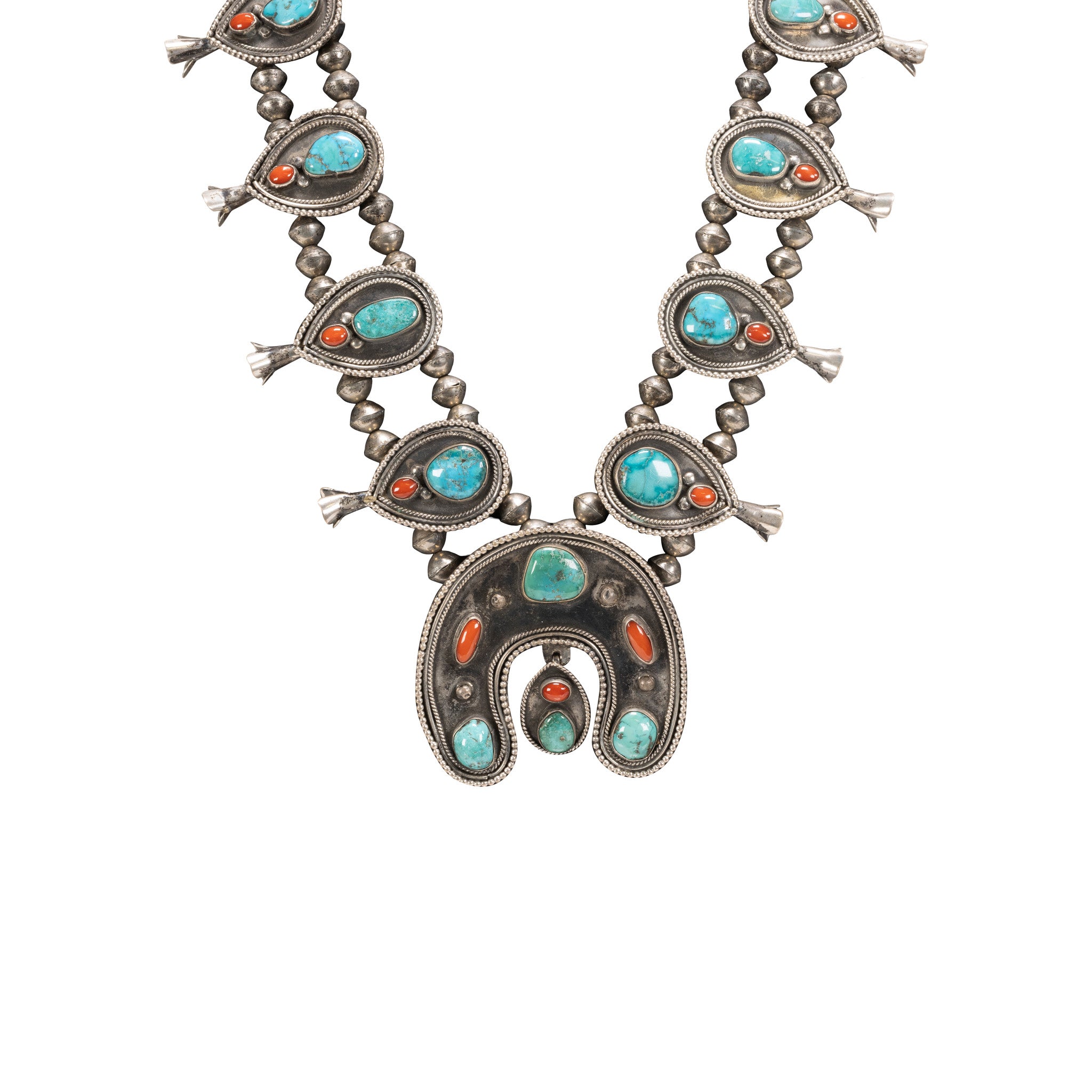 Coral and Turquoise Squash Blossom Necklace