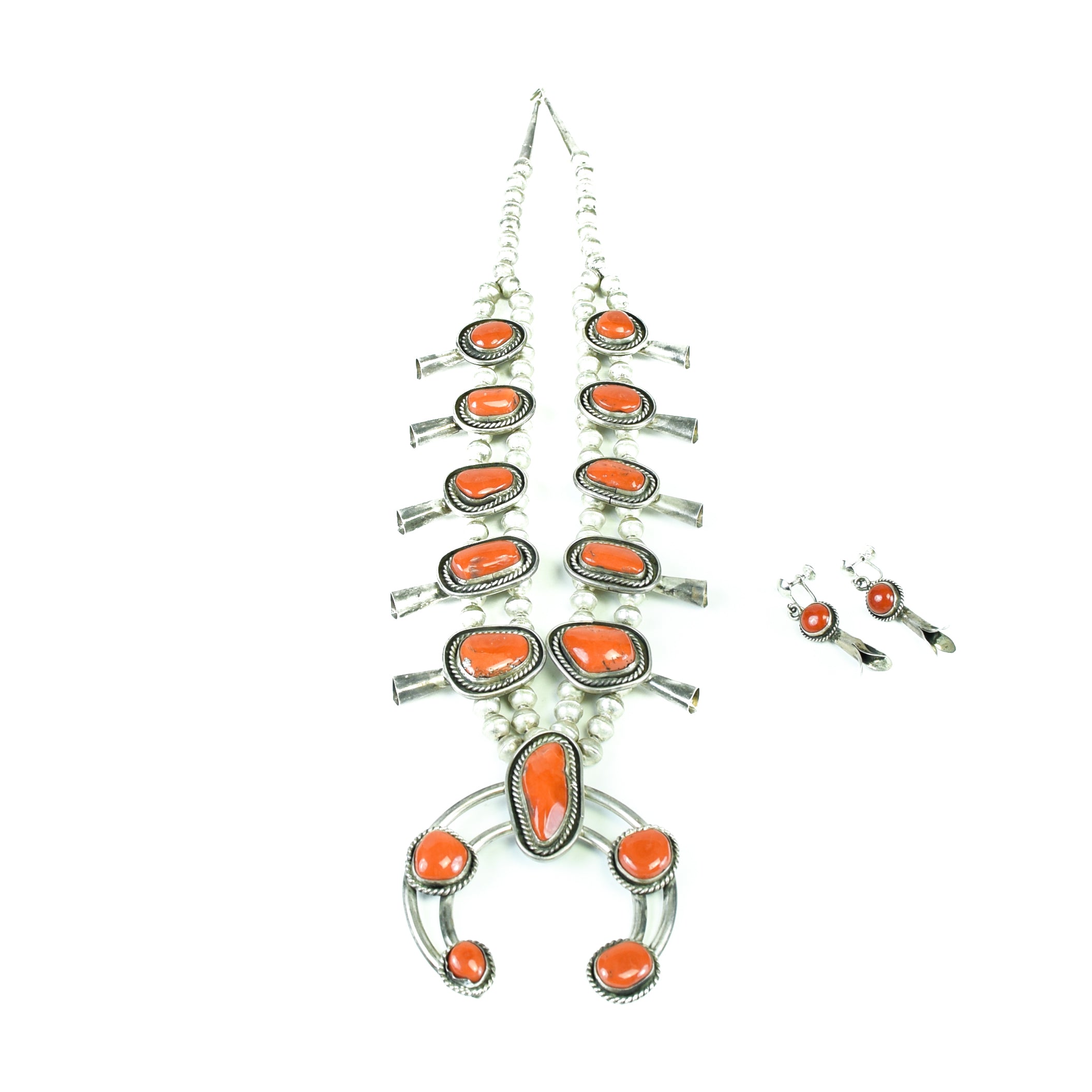 Navajo Coral Squash Blossom and Earrings