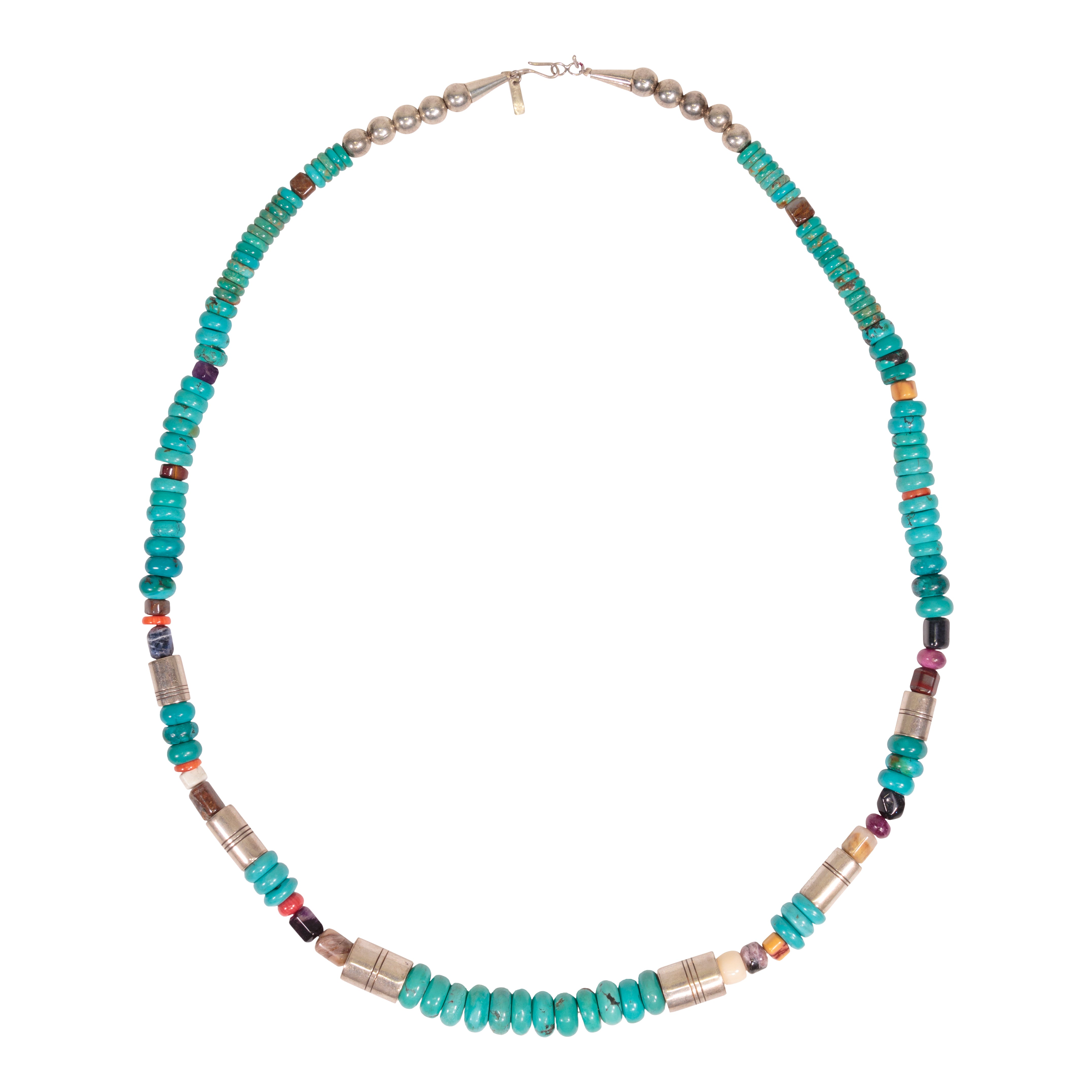 Tommy Singer Turquoise and Silver Barrel Necklace, Jewelry, Necklace, Native
