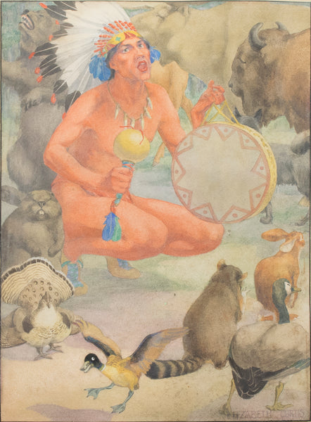 Indian Brave with Animals by Elizabeth Curtis, Fine Art, Painting, Native American