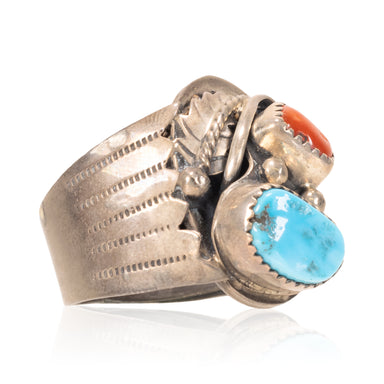 Navajo Turquoise and Coral Ring, Jewelry, Ring, Native