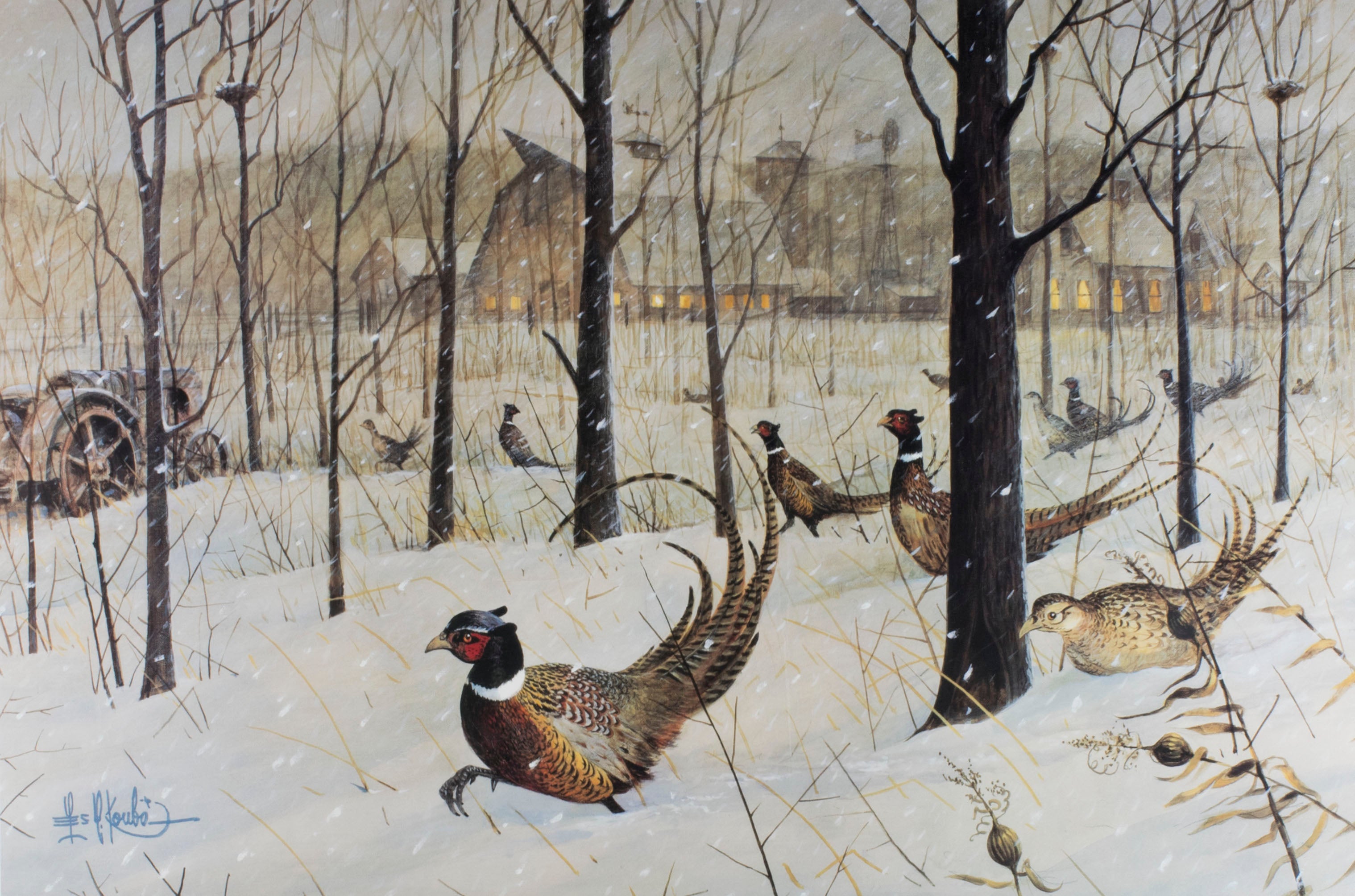 "The Blizzard" Spheasants by Les G. Kouba, Fine Art, Painting, Wildlife