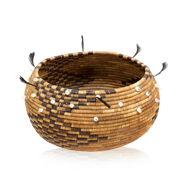 Polychrome Pomo Basket, Native, Basketry, Vertical