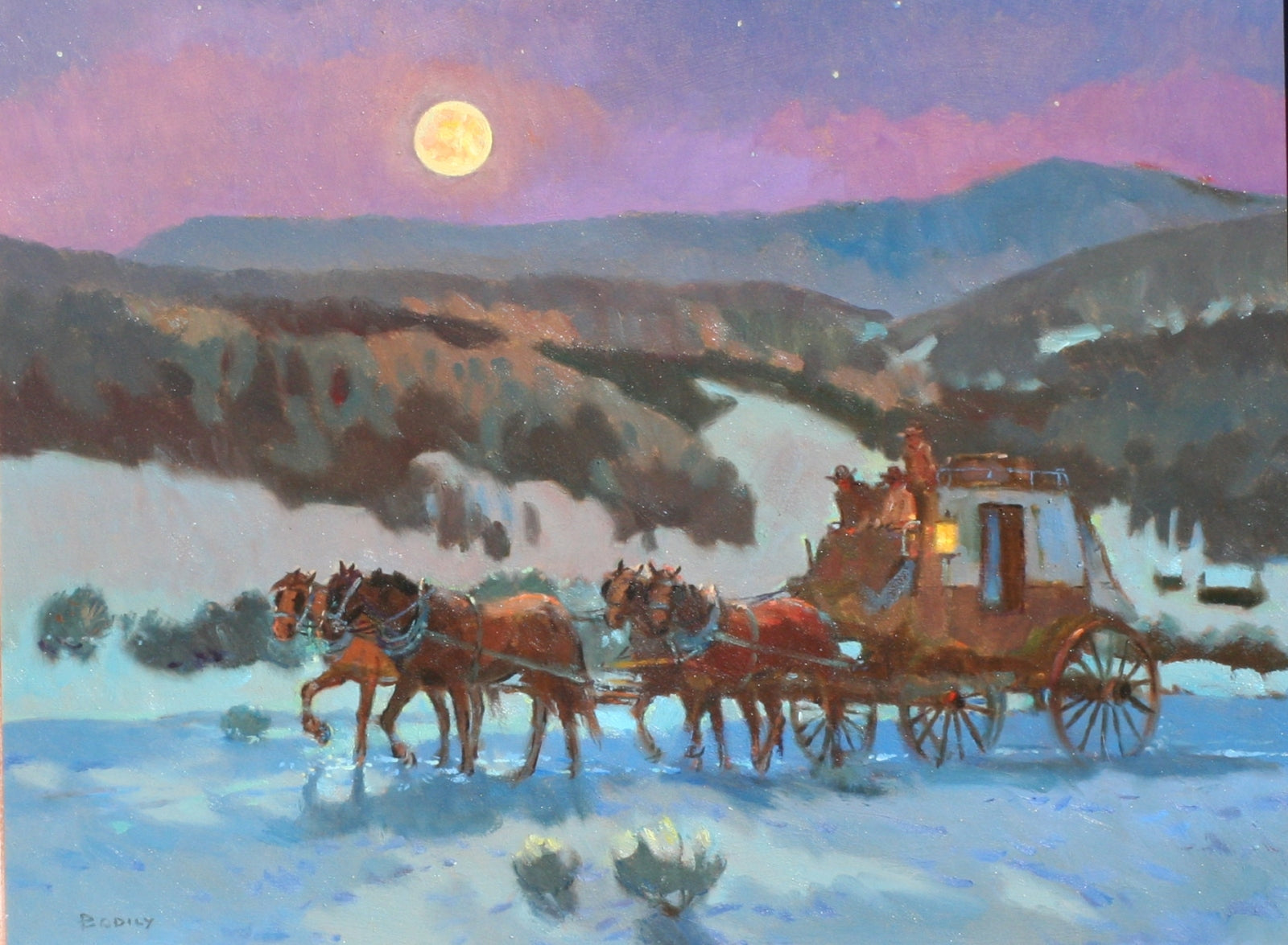 The Night Stage by Sheryl Bodily, Fine Art, Painting, Western