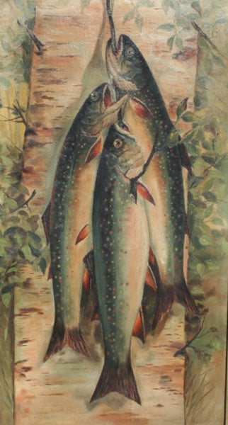 Three Trout Hanging from a Birch Tree, Fine Art, Painting, Sporting