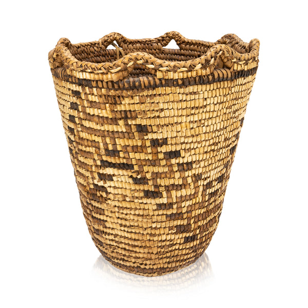 Polychrome Klickitat Basket with Brain Tanned Belt Ties, Native, Basketry, Vertical