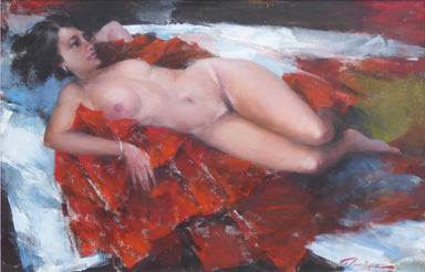 Bar Room Nude on Red Blanket by Ramon Kelley, Fine Art, Painting, Other