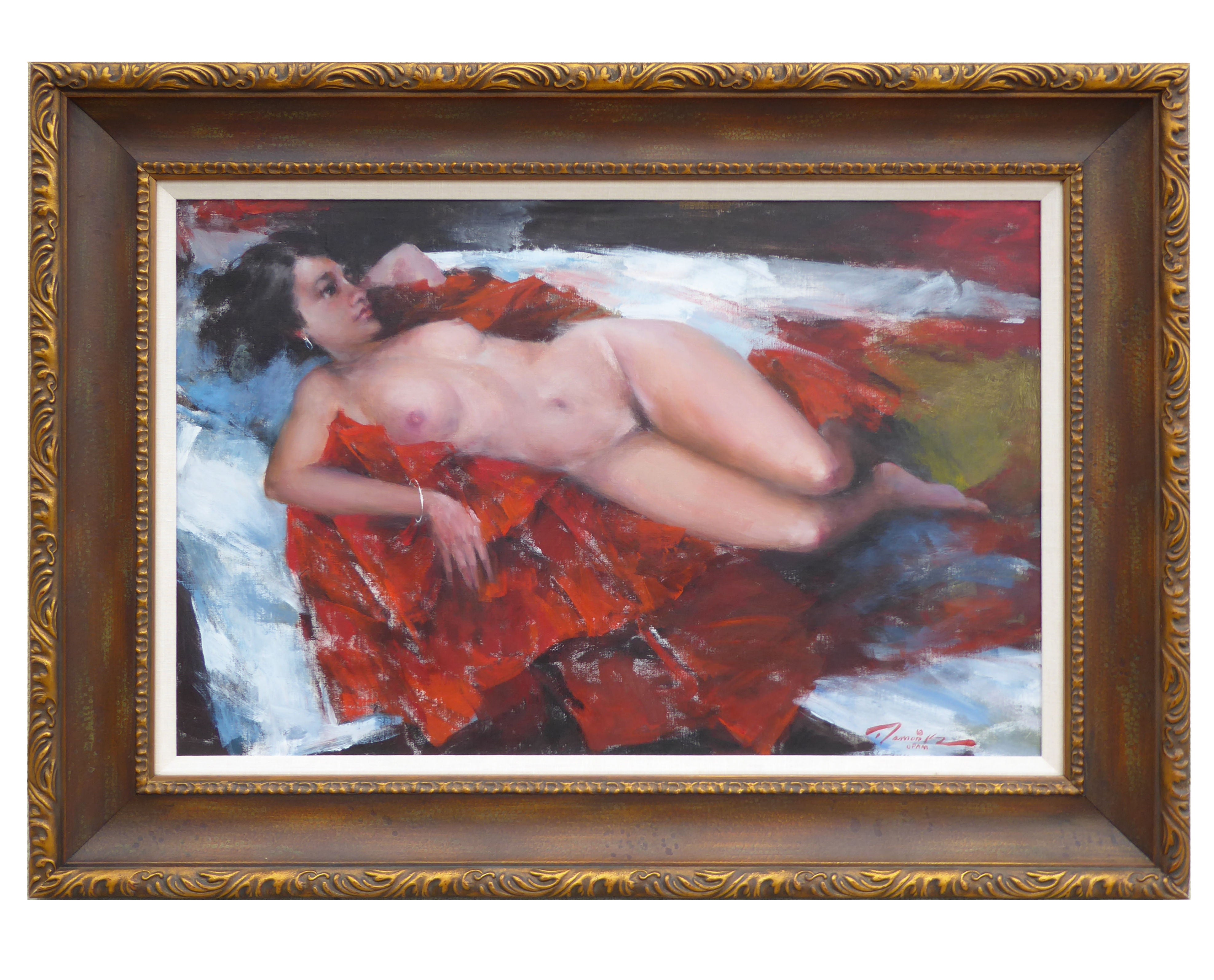 Bar Room Nude on Red Blanket by Ramon Kelley